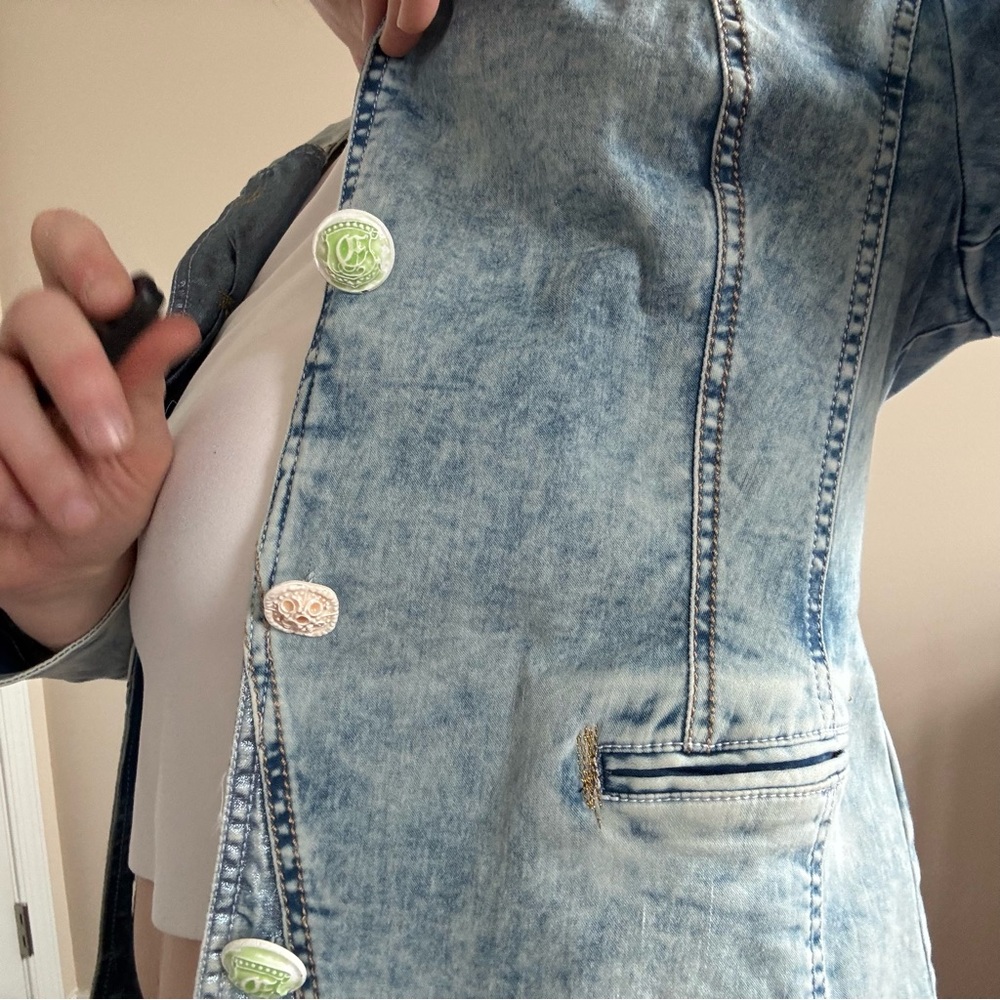 Elisa Cavaletti Patchwork Jean Jacket w/ Detail Stitching & Stone Wash Design - Picture 5 of 15